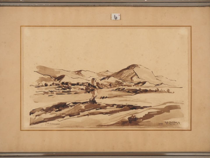 Jacques TRAVERSIER.  "Entre Chabestas et Veynes" Encre signée en bas à