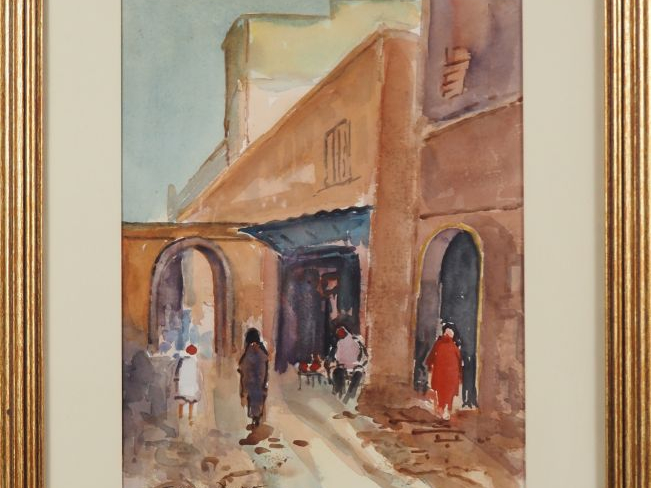 Louis VADOT.  "Marrackech vers la Médina" Aquarelle, signée en bas à g