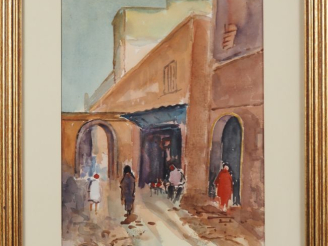 Vente aux enchères Louis VADOT.  "Marrackech vers la Médina" Aquarelle, signée en bas à g