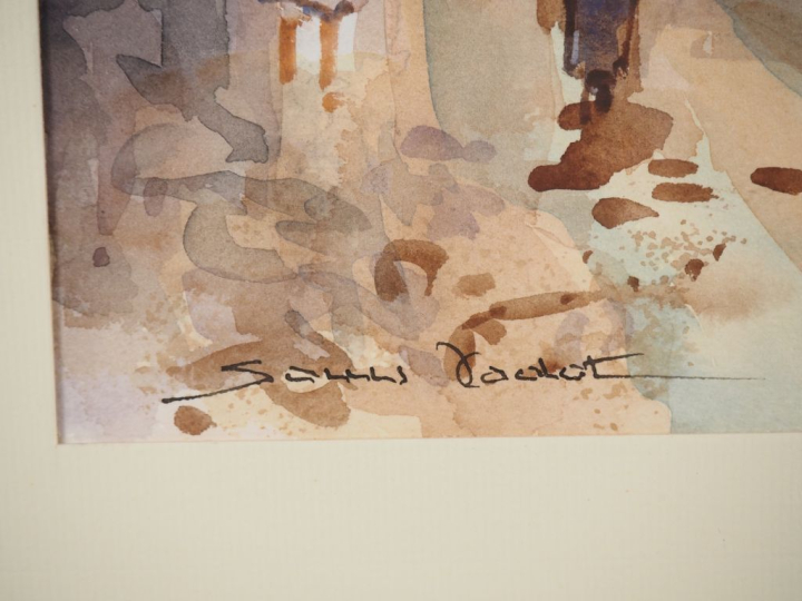 Louis VADOT.  "Marrackech vers la Médina" Aquarelle, signée en bas à g