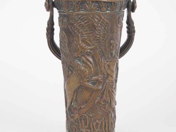 Max LE VERRIER.  Seau à eau bénite à décor de trétramorphe. Signé