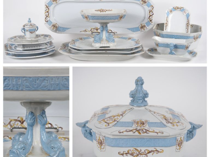 Grand service de table en faience fine de Lonchamps, décor polychrome 