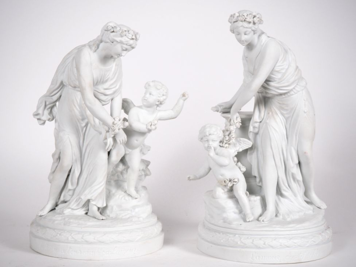 Paire de groupes en biscuit "l'amour captif de la jeunesse" et "la jeu