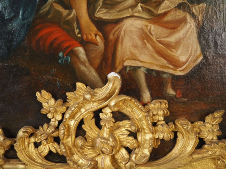 Grand trumeau fin XVIIIème, cadre en bois sculpté, doré et ajouré, à d