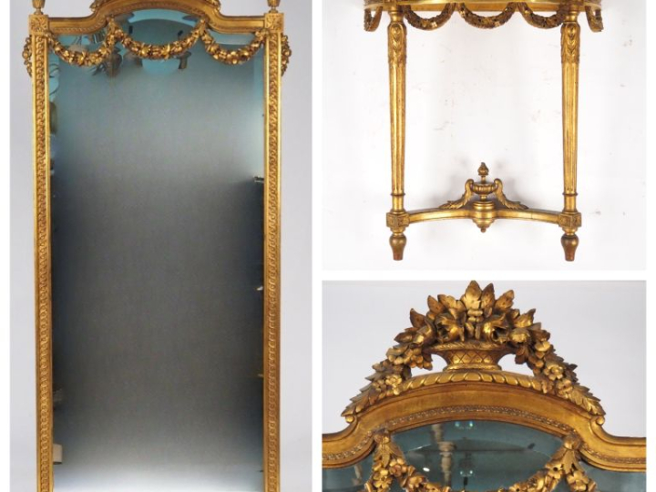 Console demi-lune et glace trumeau de style Louis XVI en bois sculpté 