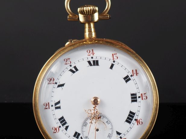 Montre de gousset en or jaune 750.  Cadran à chiffres romains pour les