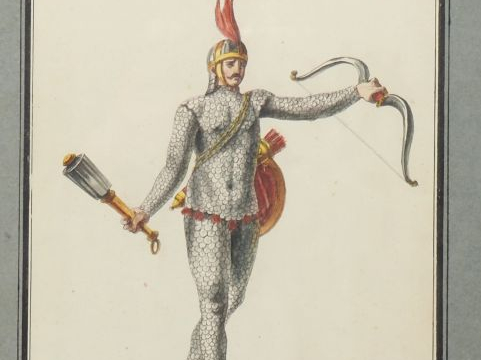 Paire d'aquarelles, "Soldats d'Alexandre", légendées. Dim. 36 x 26 cm.