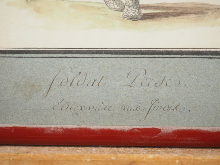 Paire d'aquarelles, "Soldats d'Alexandre", légendées. Dim. 36 x 26 cm.
