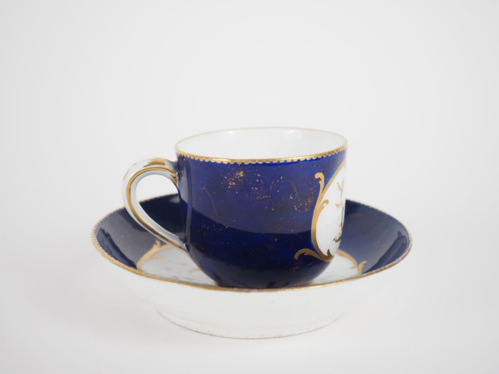 SEVRES (à la manière de). Tasse et sous tasse en porcelaine à décor do