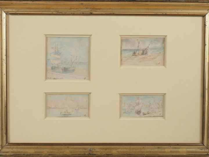CHARTIER. Deux encadrements contenant 8 aquarelles, "vues de ports". S