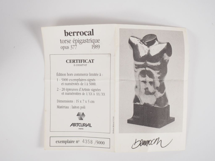 Miguel BERROCAL. "Torse épigastrique". Sujet en laiton poli édition Ar
