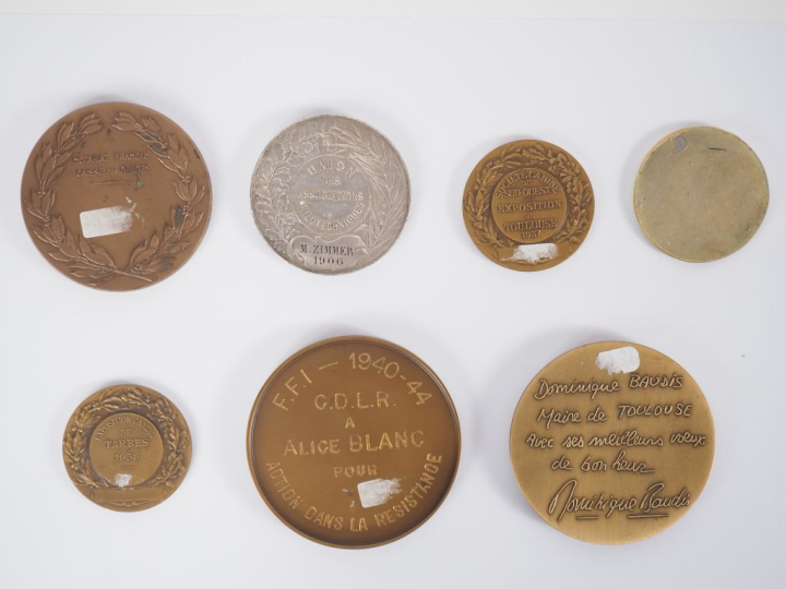 7 différentes médailles en bronze ou métal argenté et patiné d'après T
