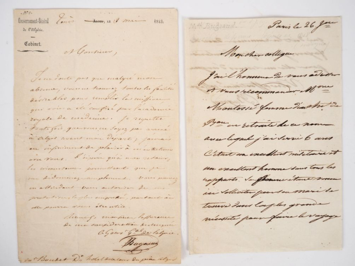 [ALGÉRIE]. BUGEAUD (Maréchal Thomas Robert). 2 LETTRES AUTOGRAPHES. 1 