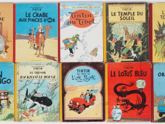 Vente aux enchères HERGE. "TINTIN".  19 volumes dont 18 avec le dos toilé. (Etat d'usage 