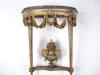 Vente aux enchères Console demi lune de style Louis XVI en bois sculpté laqué gris et dor
