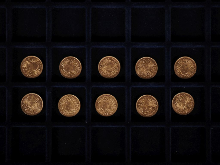 Dix pièces de 20 Francs Suisse or, 1947 B, 1935 B, 1947 B, 1947 B, 193