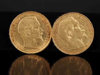 Vente aux enchères Deux pièces de 20 Francs or, 1852-A et 1857-A.  FRAIS ACHETEURS 10% HT