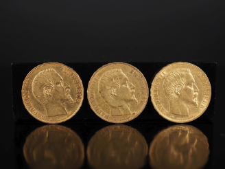 Vente aux enchères Trois pièces de 20 Francs or, 1859-A. FRAIS ACHETEURS 10% HT.