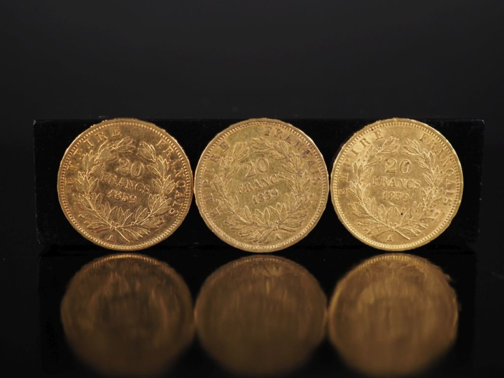 Trois pièces de 20 Francs or, 1859-A. FRAIS ACHETEURS 10% HT.
