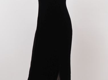 HELENA SOREL Robe noire en viscose et soie à fines bretelles et dos lé