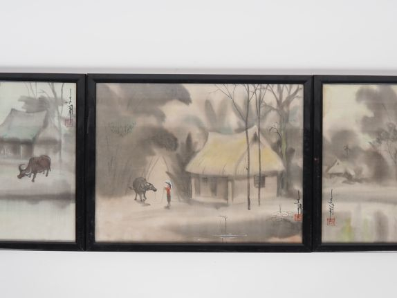 Vietnam, travail moderne,  Trois encres sur soie représentant des pays