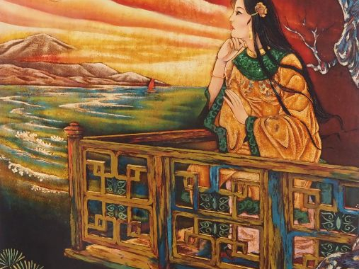 Vietnam, 1986, Panneau en laque polychrome, représentant une jeune fem