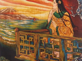 Vente aux enchères Vietnam, 1986, Panneau en laque polychrome, représentant une jeune fem