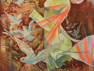 Vente aux enchères Vietnam, travail moderne,  Panneau en laque, représentant une jeune fe