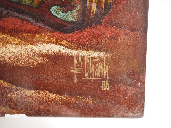 Vietnam, travail moderne, Deux panneaux en laque, représentant un guer