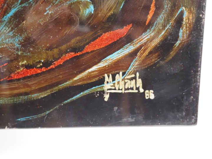 Vietnam, travail moderne, Deux panneaux en laque, représentant un guer