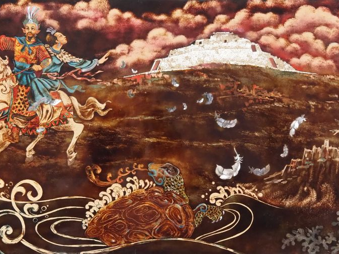 Vietnam, travail moderne,  Panneau en laque, représentant un couple à 