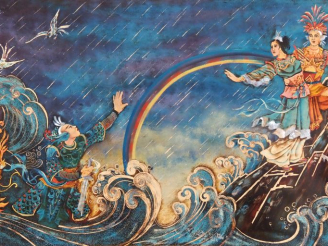 Vente aux enchères Vietnam, travail moderne,  Panneau en laque, représentant des personna