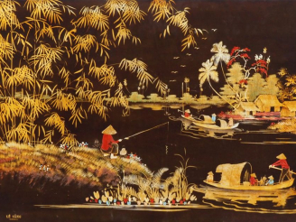 Vente aux enchères Vietnam, XXe siècle,  Deux panneaux en laque, à décor en camaïeu de ro