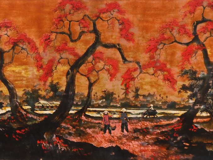 Vietnam, XXe siècle,  Deux panneaux en laque, à décor en camaïeu de ro