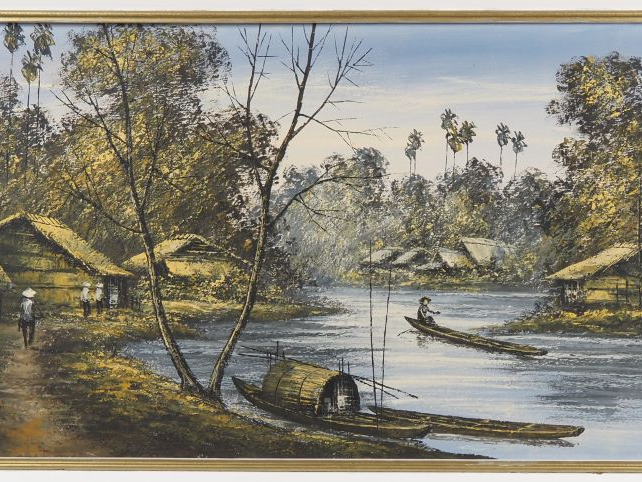 Vietnam, XXe siècle, Huile sur toile représentant des embarcations tra