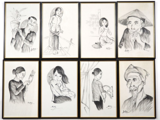 Vente aux enchères BEKY (1938-) Douze encres sur soie, représentant des personnages dont 