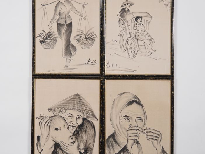 BEKY (1938-) Douze encres sur soie, représentant des personnages dont 