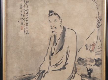 SU LIUPENG (D'après). Portrait de sage, aquarelle signature apochryphe
