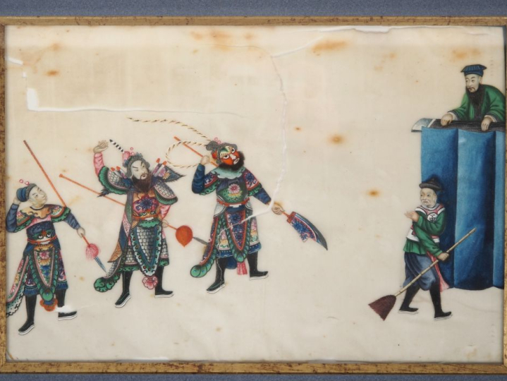 Canton, fin XIXe siècle, Trois gouaches sur papier de riz représentant