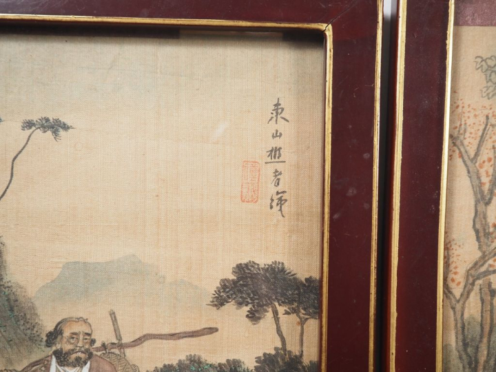 Chine, XXe siècle,  Quatre encres et couleurs sur soie, représentant d