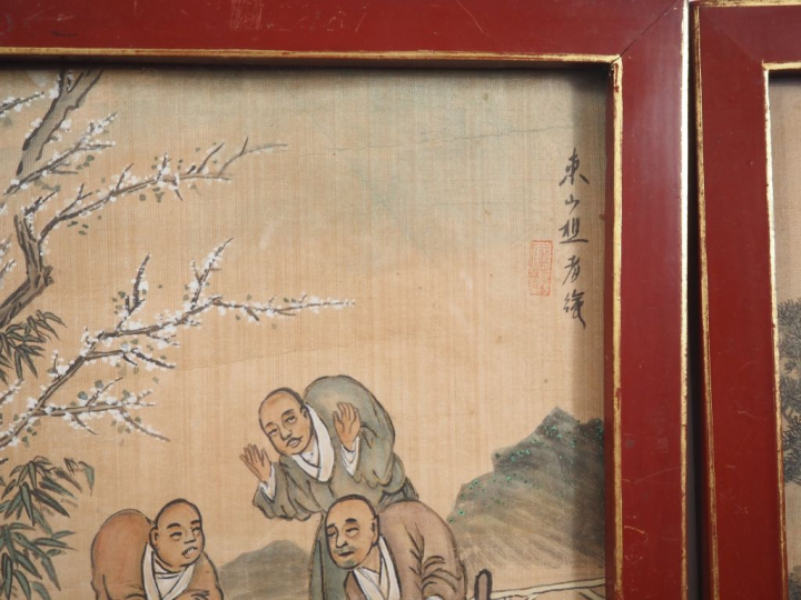 Chine, XXe siècle,  Quatre encres et couleurs sur soie, représentant d