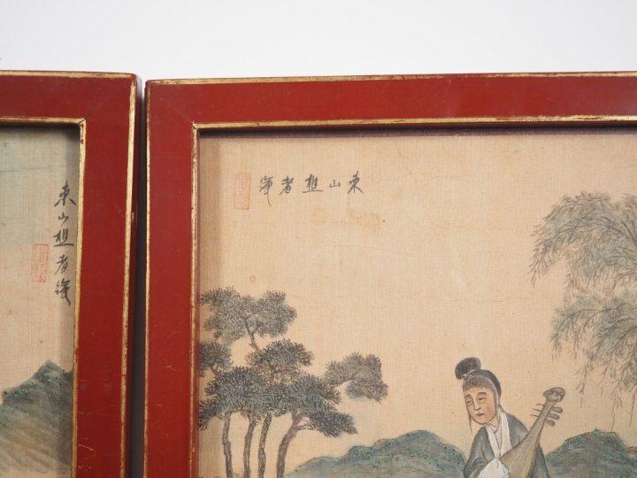 Chine, XXe siècle,  Quatre encres et couleurs sur soie, représentant d