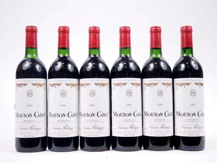 6 BOUTEILLES MOUTON CADET BARON PHILIPPE PAUILLAC - 1986 - 1 BG/1 LB 