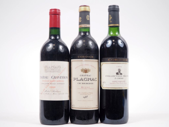 3 BOUTEILLES : 1 CHÂTEAU GRAVEYRON MOULIS HAUT MÉDOC - 1986 / 1 CHÂTEA