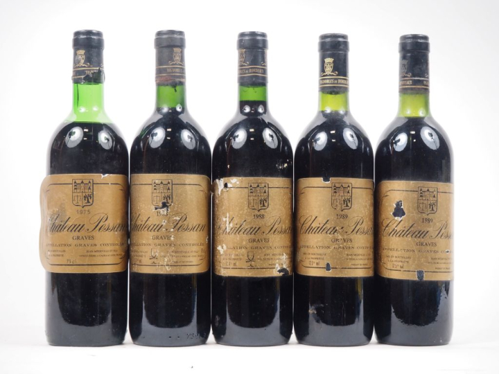 5 BOUTEILLES CHÂTEAU PESSAN GRAVES : 1 DE 1975 / 2 DE 1988 / 2 DE 1989