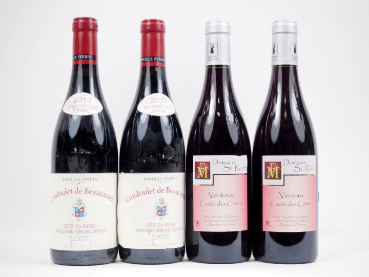 4 BOUTEILLES : 2 CÔTES DU RHÔNE "COUDOULET BEAUCASTEL" - 2013 / 2 VENT