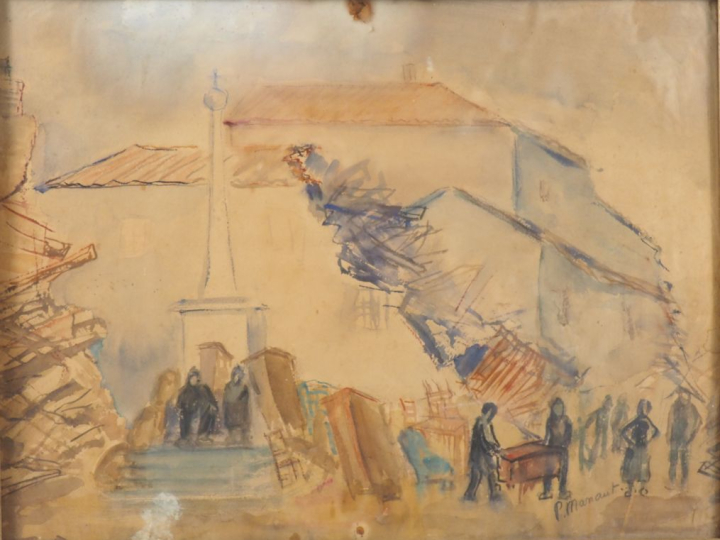 Paul MANAUT.  4 différentes aquarelles "marché aux puces", "village", 