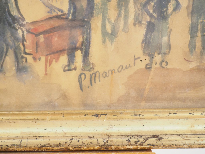 Paul MANAUT.  4 différentes aquarelles "marché aux puces", "village", 