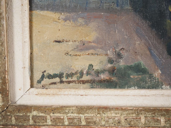 Ecole française XX e, Jacques HERVE ?  'Vue de ville en bord de fleuve