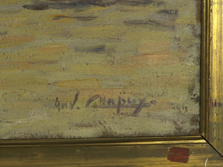 André CHAPUY. "Bords de fleuve" Huile sur toile, signée en bas à droit